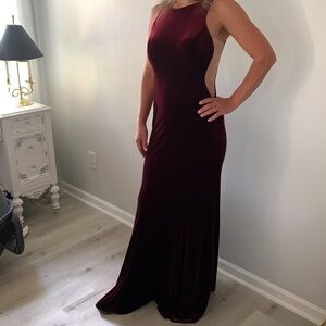 Anny Lee maroon Nude formal velvet maxi dress open back mesh details mermaid